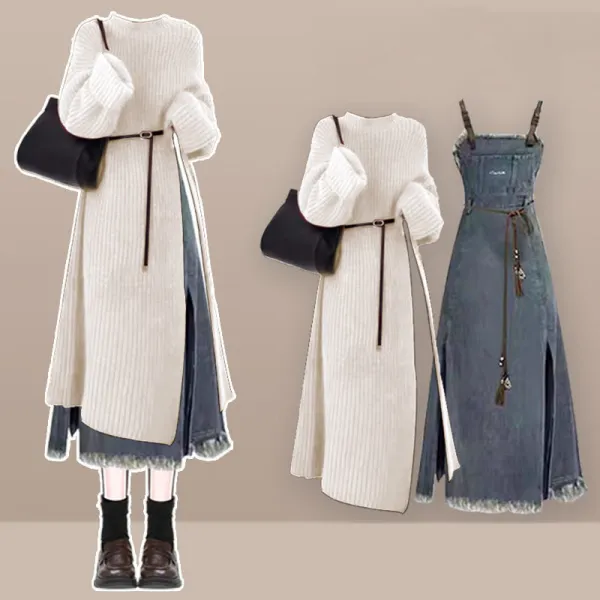 【単品注文】セットアップ 人気を獲得♡ スリット 体型をカバー Aライン ボウタイ 無地 シンプル トップス+ワンピース