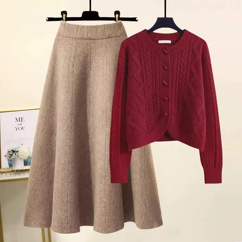 レッド/カーディガン+コーヒー/スカート