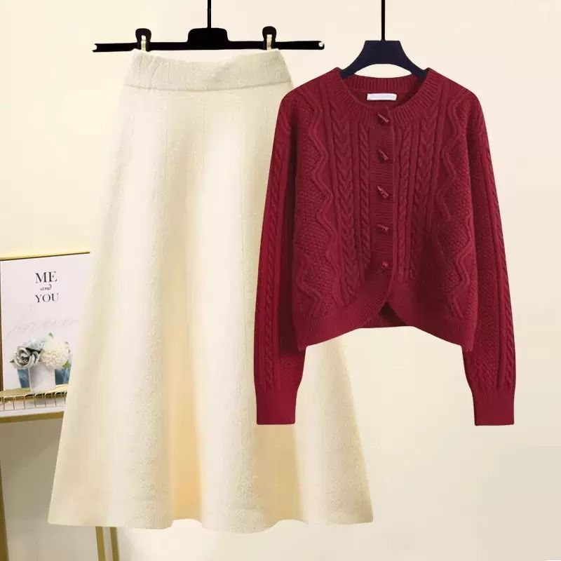 レッド/カーディガン+ホワイト/スカート