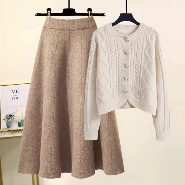 【単品注文可】スウィートラウンドネックシングルブレストカーディガン+無地Aラインスカートセット