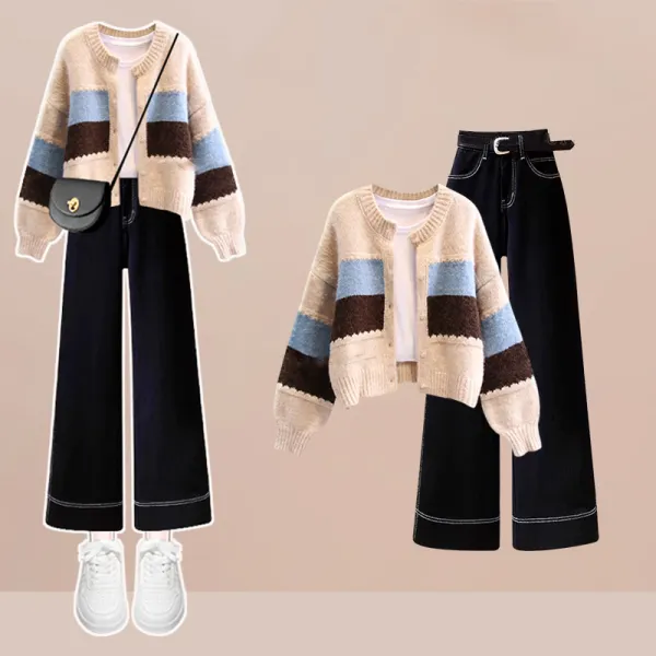 【単品注文】2点セット 着回し自在！ 長袖 ニット 配色 Vネック 韓国系 カーディガン +着やせ ポケット パンツ
