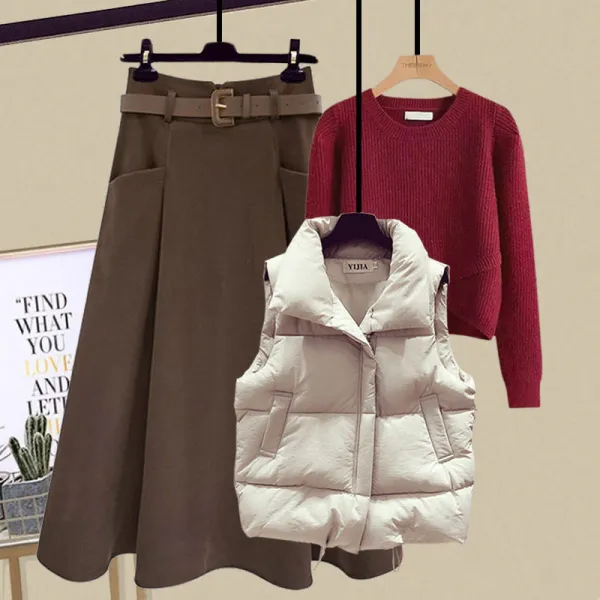 【単品注文可】韓国系フェミニンセーター＋折り襟ダウンベスト＋無地Aラインスカートセット