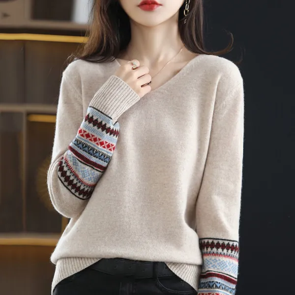 フェミニン エレガント プリント ファッション シンプル Vネック 長袖 プリント ニットセーター