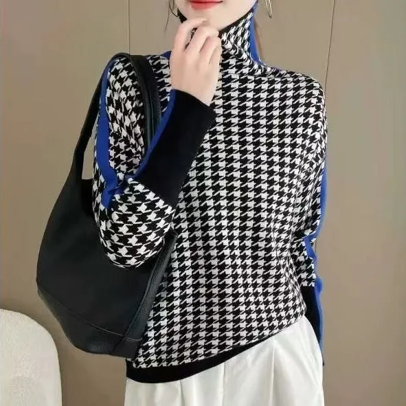 「今 着たい」 ハイネック 長袖 チェック柄 プルオーバー レトロ ニットセーター