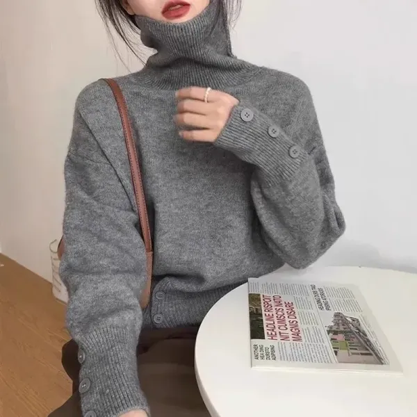 今季大注目ハイネック長袖ボタンニット無地カジュアルニット・セーター