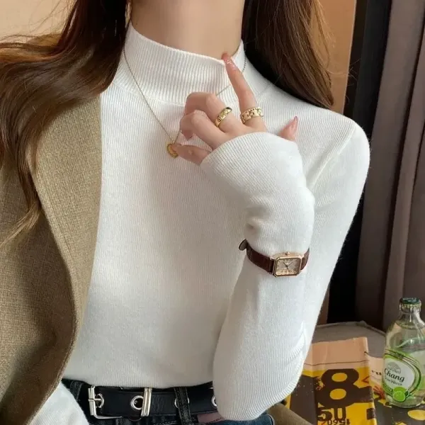 新作10%OFF無地伸縮性ありハーフネック着痩せニット・セーター