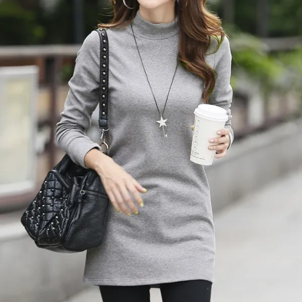 新作10%OFF毎日モテ続けちゃう！プルオーバー長袖中長ハーフネック無地ナチュラルレディースTシャツ