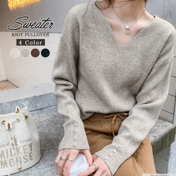 超目玉アイテム韓国系スウィート無地ボタンVネックニット・セーター