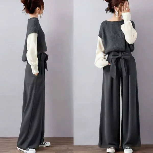 【2点セット】リボン  ワイドパンツ  カラーブロック  ニット / セーター  新作