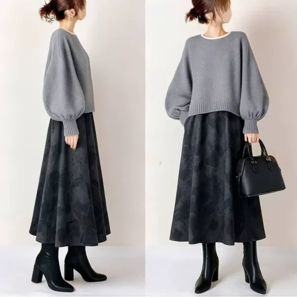 【2点セット】ランタンスリーブ  ニット / セーター  ゆったり  ジャカード  新作