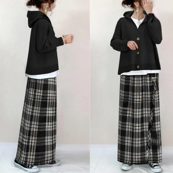 新作  フート付き  チェック柄  セットアップ