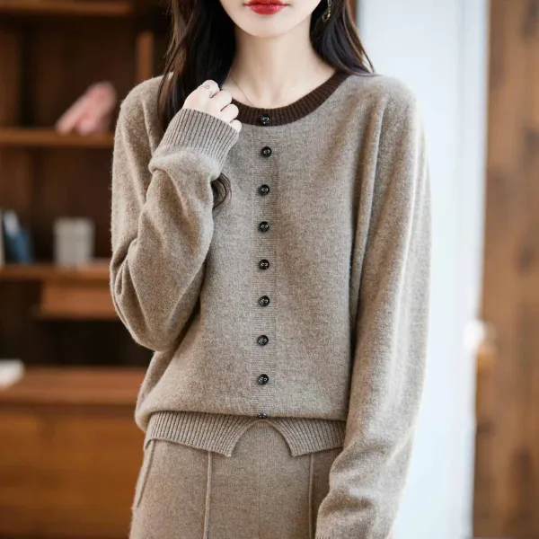 絶対欲しい レイヤード / 重ね着風 ラウンドネック 配色 ボタン 長袖 カジュアル ニットセーター
