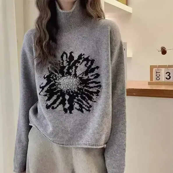 新品登場☆オススメ 骨格ナチュラル ハイネック 長袖 プリント 休日/外出 レトロ ニットセーター