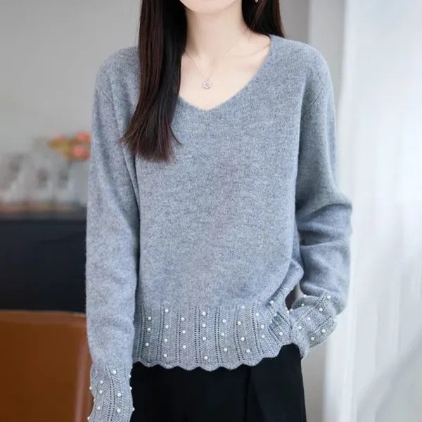存在感抜群 Vネック ビーズ 無地 長袖 ファッション ニットセーター