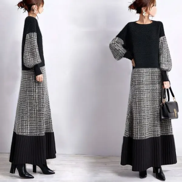 新品殺到中 チェック柄 長袖 ランタンスリーブ 配色 切り替え ナチュラル ワンピース