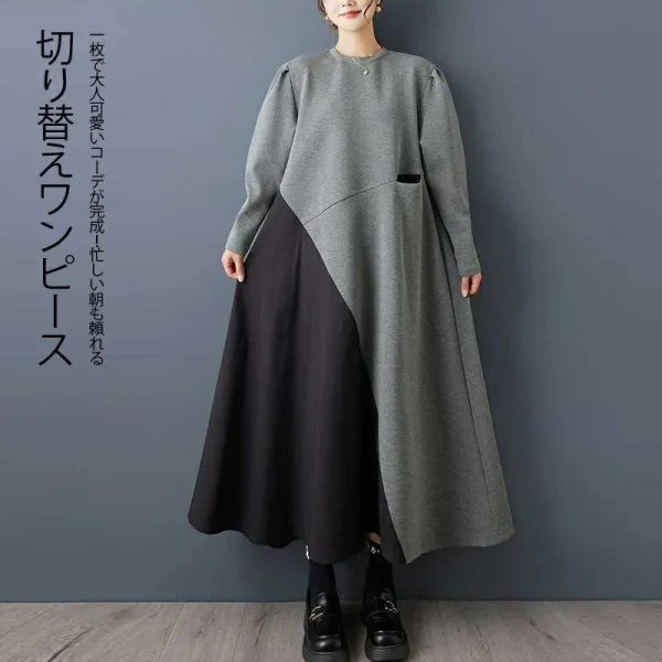 ワンピース  パーカー  パフスリーブ  切り替え  ロング  冬  袖丈  デザイン  新作  レトロ  フレンチスタイル  秋冬シーズン  デザイン性  ニッチ  バイカラー