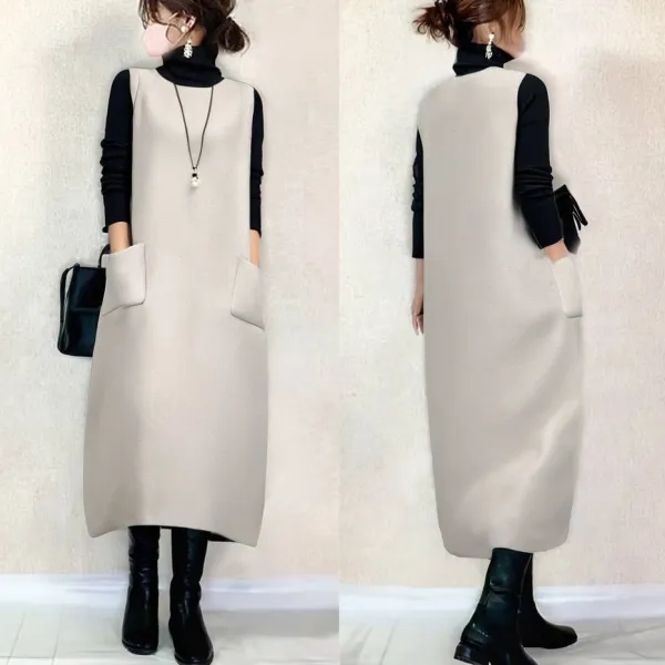新品殺到中 ノースリーブ ラウンドネック 無地 秋冬 ポケット付き ワンピース