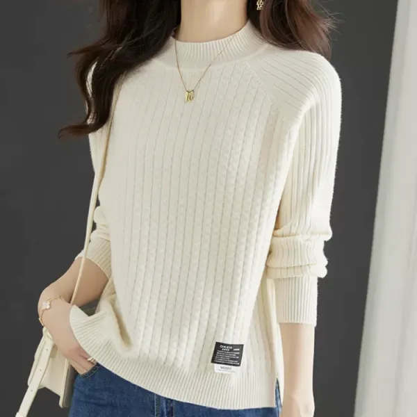 絶対欲しいスリット無地ラウンドネック長袖フェミニンニット・セーター