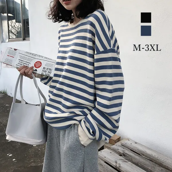 品質のいい新品ストライプゆったりスリムラウンドネックレディーススウェット・パーカー