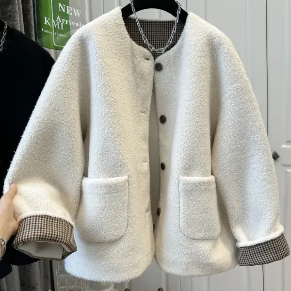 雑誌に掲載された切り替え無地長袖ボタンチェック柄ファッションカーディガン