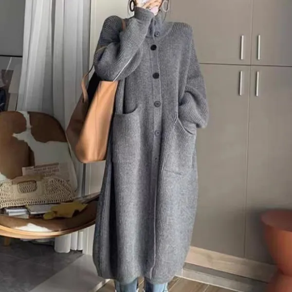 売り切れ必至ハイネックポケット付きボタン長袖無地カジュアルカーディガン