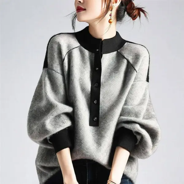 女性に大人気 ランタンスリーブ 長袖 配色 スタンドネック ボタン シンプル ニットセーター