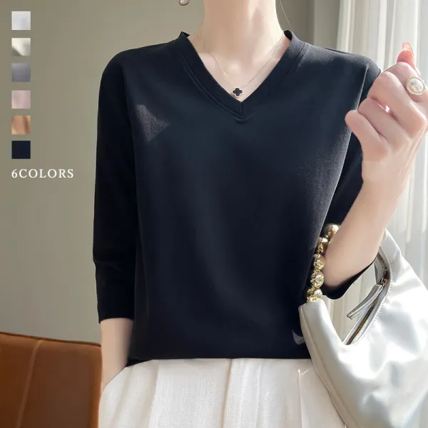 好印象MAX♡ 無地 七分袖 上品見え Vネック 平日 ノームコア Tシャツ