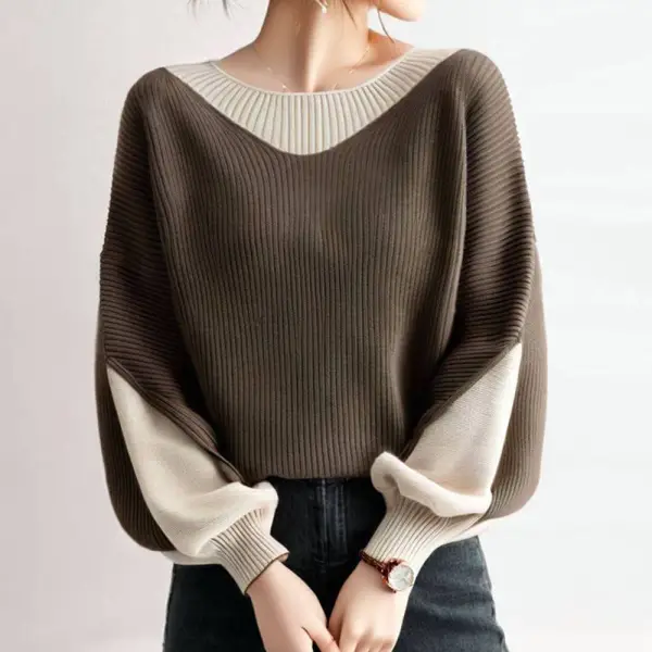 【再入荷】人気商品再入荷 ランタンスリーブ ニット 長袖 配色 ラウンドネック カジュアル ニットセーター