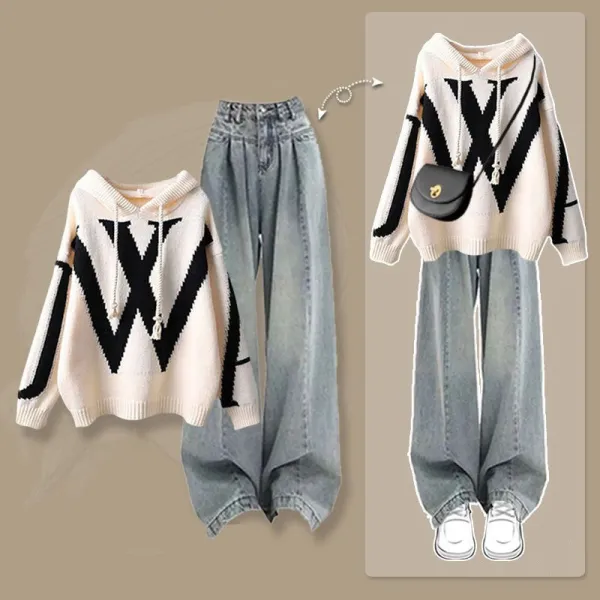 レディースプラスサイズ秋冬スーツフード付きセーター+ジーンズ