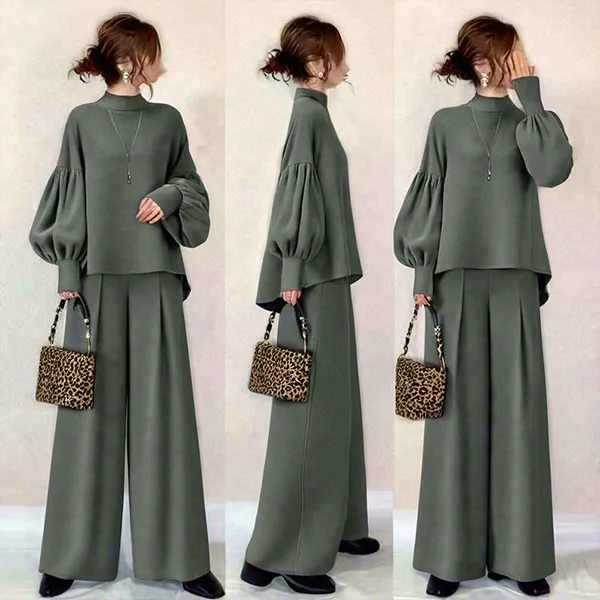 新作登場 ギャザー 無地 ランタンスリーブ 長袖 ハーフネック トップス+ファッション ワイド パンツ 2点セット