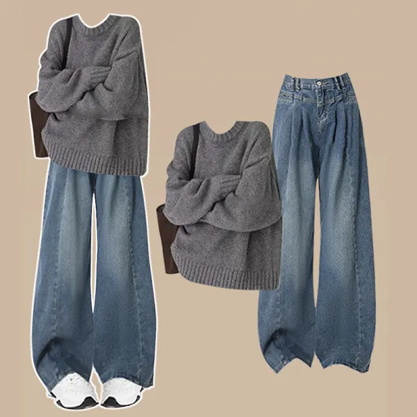 単品可2点セット｜セーター無地+デニムパンツハイウエスト｜冷え対策