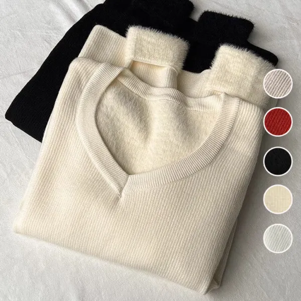 【全5色】ニットセーターVネック長袖伸縮性あり無地裏起毛｜着痩せ防寒