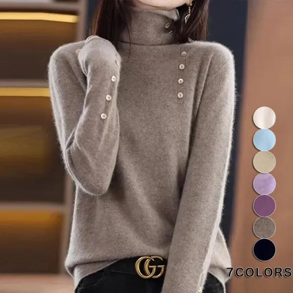 【全7色】ニットセーターボタン無地ハイネック長袖  | 着回し自在