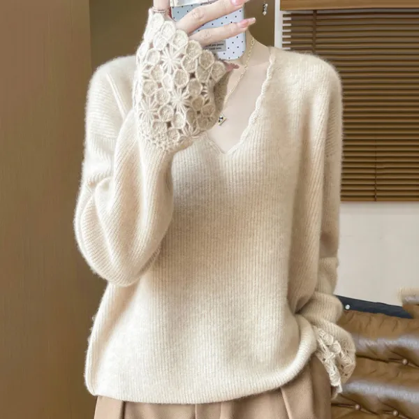 トレンドを先取り♪ Vネック 無地 フレア袖 透かし編み 長袖 シンプル ニットセーター