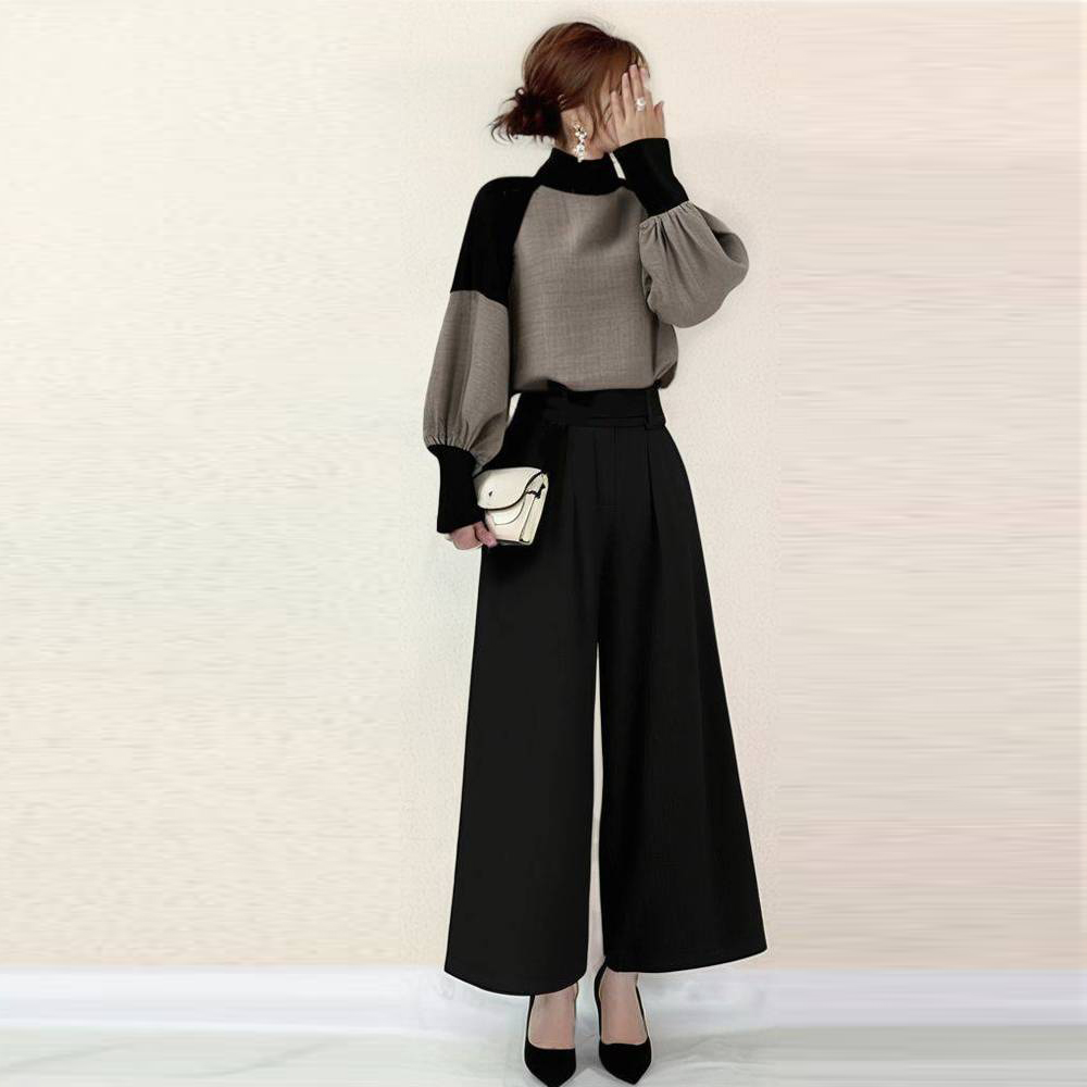 ブラックカーキ 配色/トップス+ブラック/パンツ/2点セット