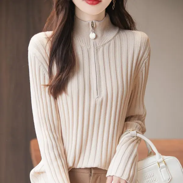 雑誌に掲載された ハーフネック 長袖 ファスナー 無地 柔軟加工 エレガント ニットセーター