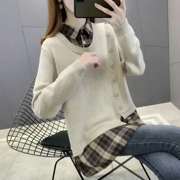 大人可愛いレイヤード/重ね着風ボタンチェック柄長袖切り替えカジュアルニット・セーター