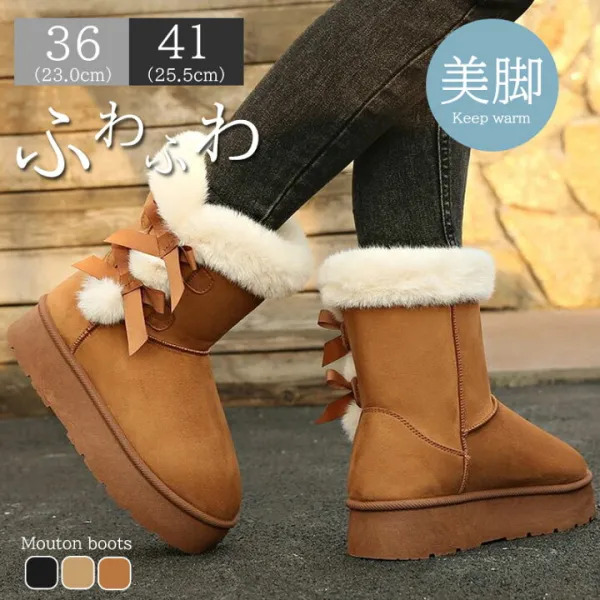 ムートンブーツ レディース 厚底 リボン ミドル丈 ショートブーツ スエード スノーブーツ 防寒ブーツ 裏起毛 ボアブーツ 歩きやすい 保暖 滑り止め 雪靴 もこもこ ふわふわ 可愛い