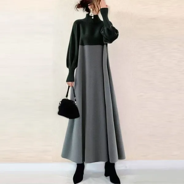 ブラック  ワンピース  切り替え  ニット  長袖  ゆったり  冬  高級  2025  フレンチスタイル  秋冬シーズン  大きめサイズ  高級感
