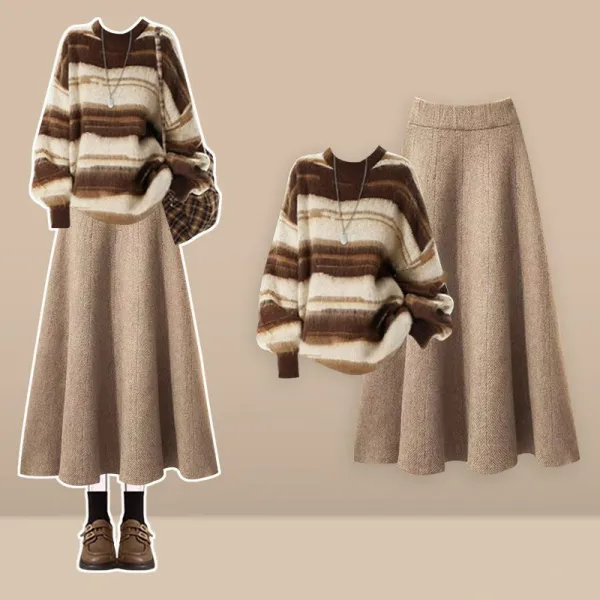 【全2色】単品可2点セット｜長袖ニットボーダートップス+無地スカート｜ゆったり防寒