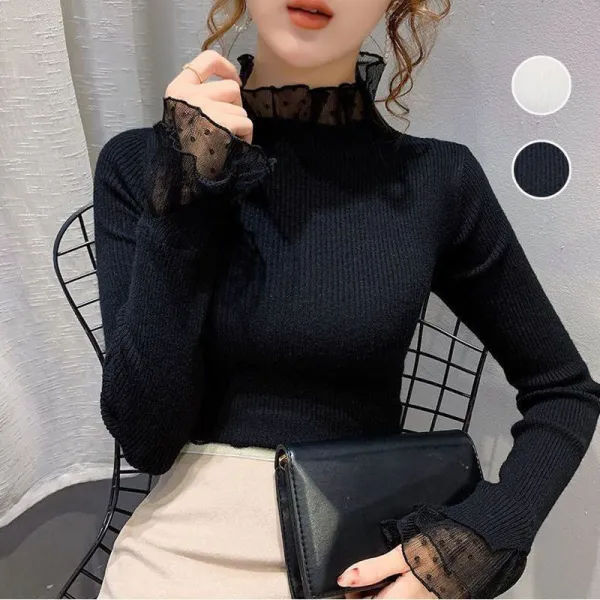 【全2色】ニットセーター無地レースハーフネック｜着痩せ防寒