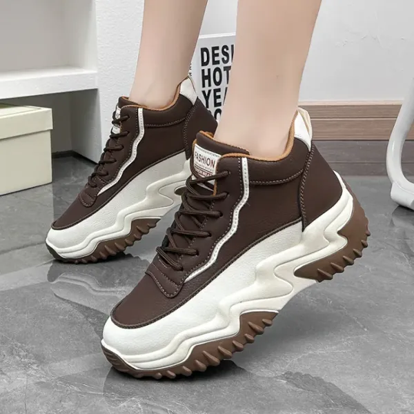 カジュアルスポーツシンプル韓流編み上げ切り替え厚底丸トゥプラットフォームラバースニーカー