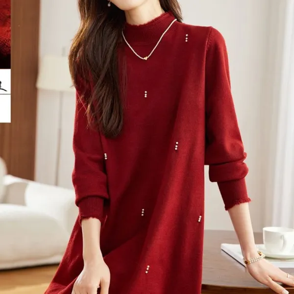 着回し自在！ 無地 長袖 ハーフネック ビーズ ストレート カジュアル ニットワンピース