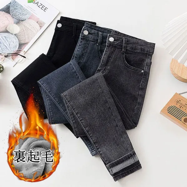 【全4色】デニムパンツジーンズ裏起毛ハイウエスト無地定番｜脚長効果
