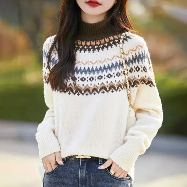 Basic日常簡約 切り替え プルオーバー ファッション 長袖 ハイネック 配色 ニットセーター