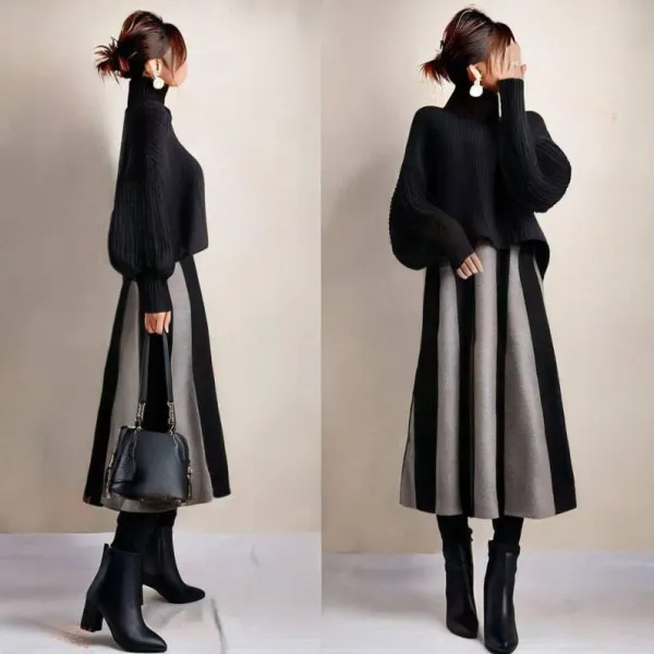 【2点セット】ランタンスリーブ  切り替え  ストライプ柄  ニット / セーター  ゆったり  タートルネック