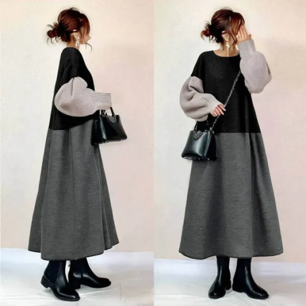 ランタンスリーブ  ワンピース  切り替え  スリムに見える  ゆったり  クルーネック  春秋  新作  日本風  バイカラー