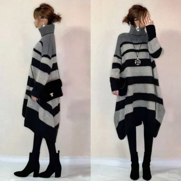 不規則  ワンピース  ストライプ柄  ニット  ニット / セーター  タートルネック  普通  ニットセーター  韓国風  ミディ丈 / ミディアム丈