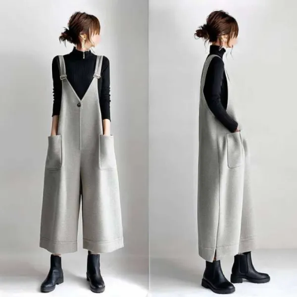 サロペット無地ノースリーブアンクル丈ポケット付き