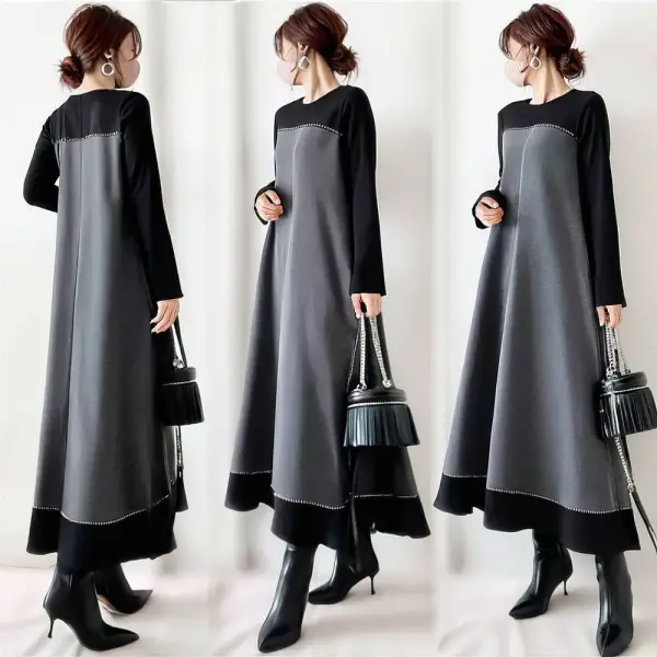 流行の予感 配色 長袖 Aライン ラウンドネック 切り替え カジュアル 長袖ワンピース